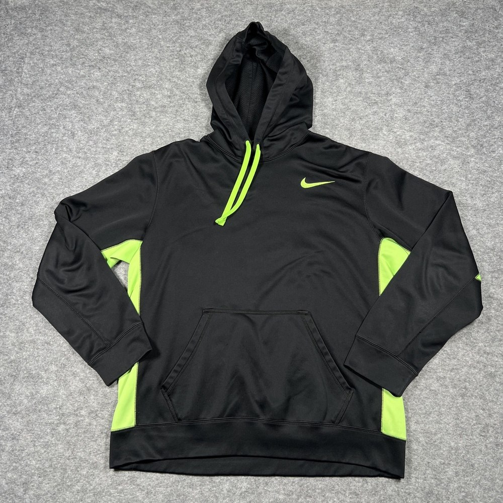 Nike Hoodie Mens Large Black Green Pullover Therma Fit Sweatshirt Training Gym